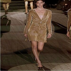 Gucci Tom Ford Vintage Gold Metallic Dress with Lion Brooch, A / W 2000